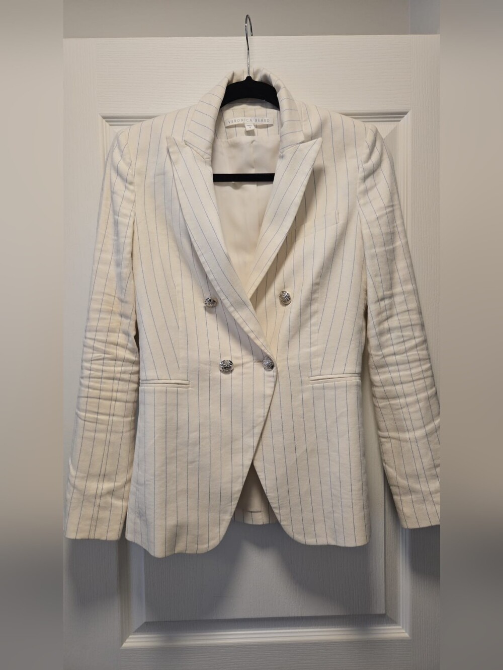 Veronica Beard Cream Blazer with Light Blue Pinstripes
